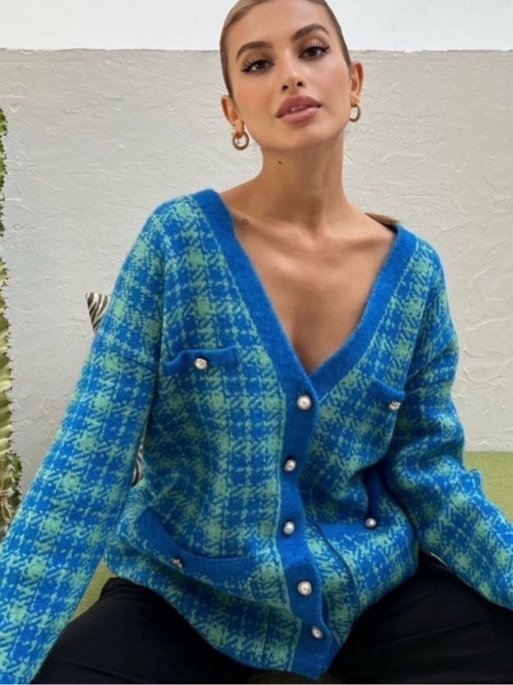 ZARA Turquoise Plaid Oversized Cardigan Sweater - Picture 2 of 12